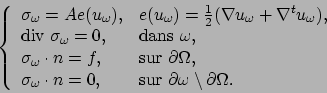 \begin{displaymath}
\left\{ \begin{array}{ll}
\sigma_\omega = A e(u_\omega), & ...
...partial \omega \setminus \partial \Omega .
\end{array} \right.
\end{displaymath}